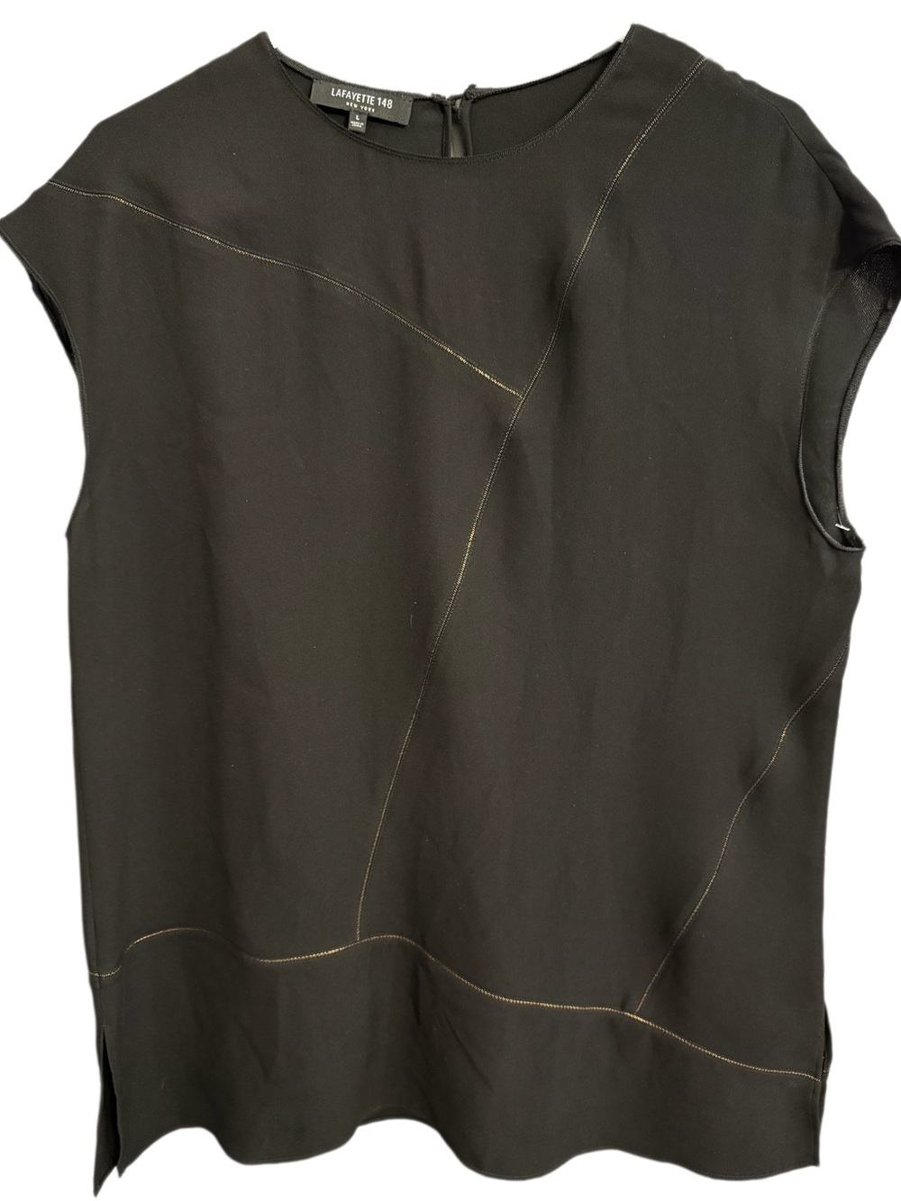 LAFAYETTE 148 | 100% Silk | Asymmetric Contrast Gold Metallic Stitch Blouse | L